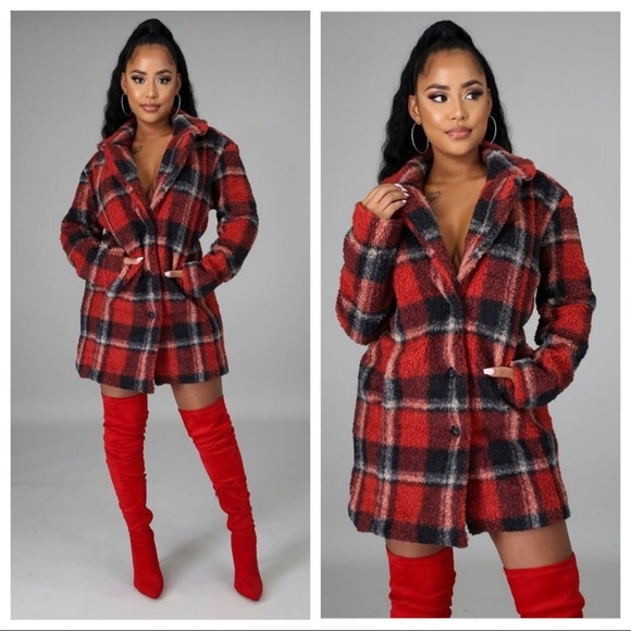 WOMEN’S RED COLLAR PLAID FLANNEL PLUSH TEDDY COAT
